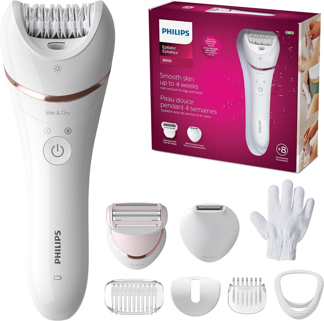 Philips Epilator Series 8000, Wet & Dry, 3-in-1 with Shaver & Trimmer Attachments for Women, 8 Accessories Included, BRE720/14 (Series 8000 + 8 Accessories)