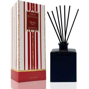 Urban Naturals Holiday Cheer Reed Diffuser Set Cranberry, Cinnamon, Evergreen, Cedar & Smokey Wood 5 Ounce Sleek Black Rectangular Refillable Glass Bottle Made in the USA