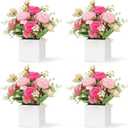 Dining Table Centerpiece Set of 4 - Artificial Peony Flowers with Wooden Vase - Boho Fake Rose Bouquets Small Faux Silk Floral Arrangement for Wedding Party Bathroom Home Dcor, Pink