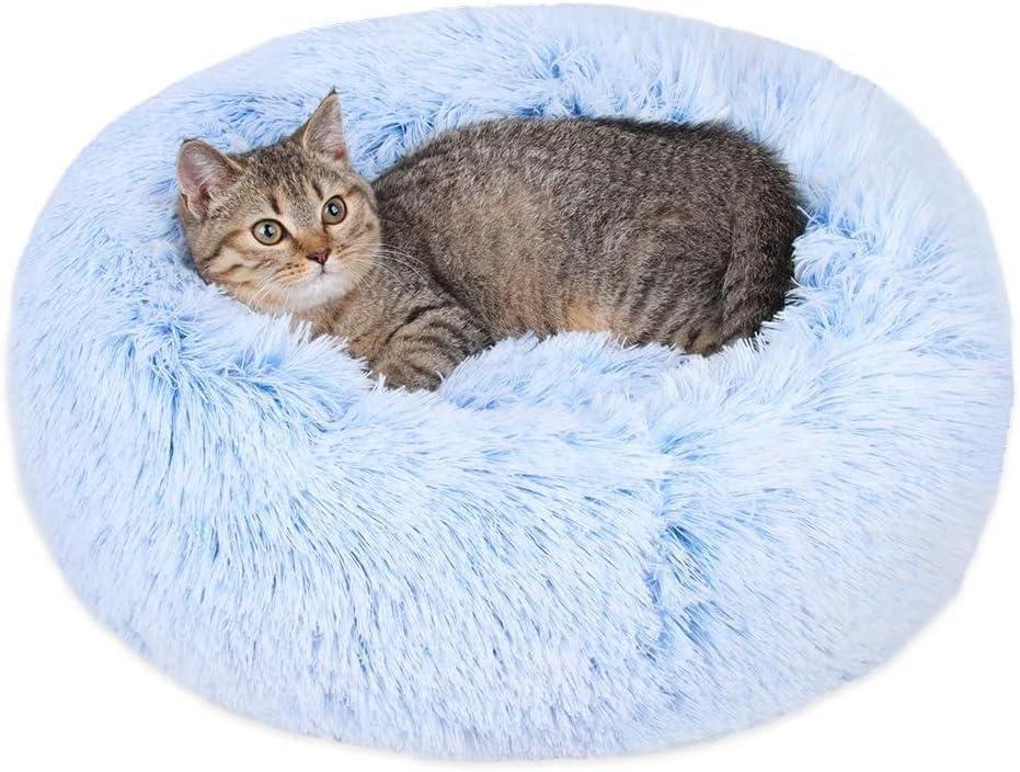 Cat Beds for Indoor Cats - Cat Bed Washable 24 inches, Dog Beds for Small Medium Dogs, Anti Anxiety Round Fluffy Plush Faux Fur Cat Bed, Thick Bottom (Cornflower Blue, Large 24" L x 24" W)