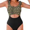 AI'MAGE One Piece Swimsuit Women 2025 Tummy Control Bathing Suits Cutout Scoop Neck Swimwear Push Up Swim Suit (X-Large, Leopard)