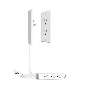 CABOCASA 3FT Ultra Flat Plug Extension Cord Power Strip with 3 Outlets, Patented Detachable Ultra-Thin Outlet Cover Concealer & Ultra-Flat Plug, Max. 13A 125V 1625W ETL Listed, White Color