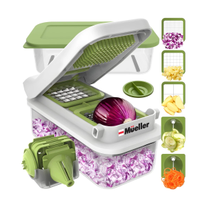 Mueller Pro-Series V Blade Veggie Chopper, Egg Slicer, Spiralizer, Dicer, Cutter, Food Chopper, Gifts for Mom, Kitchen Accessories & Kitchen Essentials with Food Container and Lid White Sand/Green