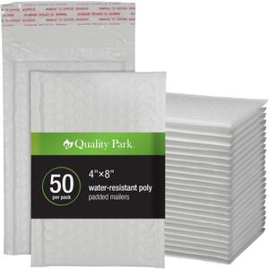 Quality Park Bubble Mailers, 4 x 8 Shipping Envelopes, Self-Seal, Durable White Padded Envelopes, Redi-Strip Peel Off Closure, 50 Per Box (QUA85929)