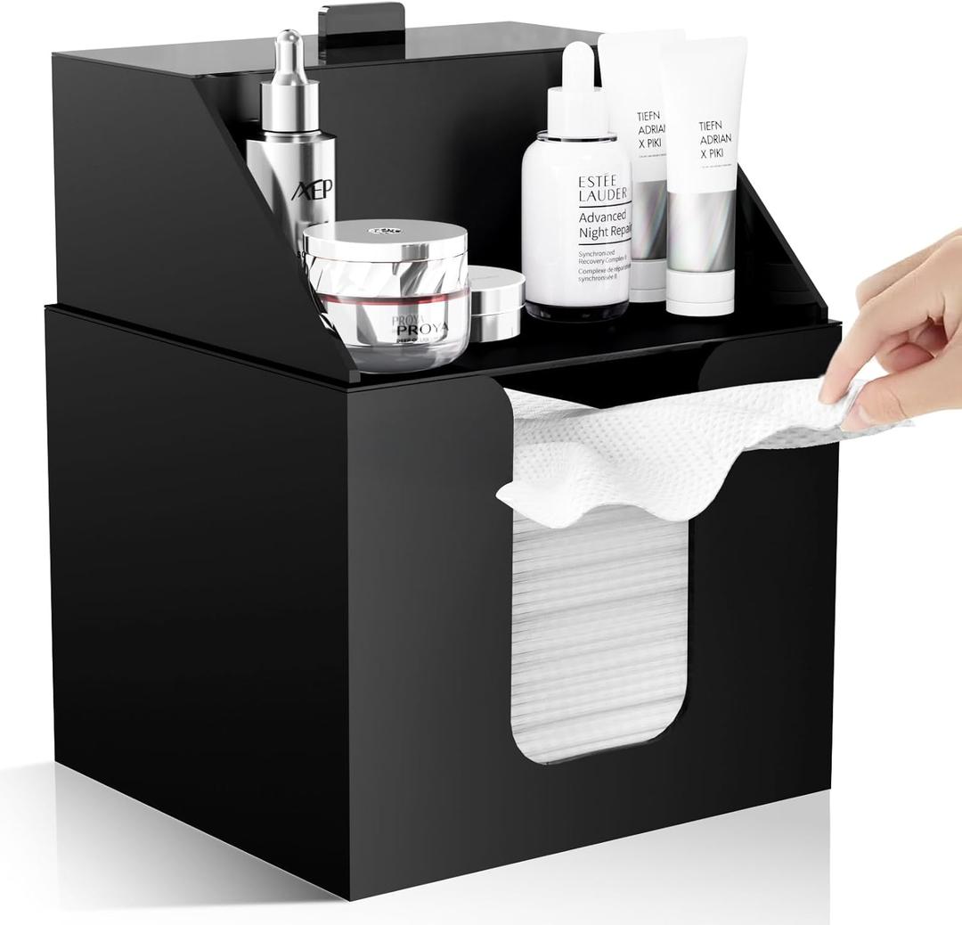 Disposable Facial Towels Storage Box Compatible with Clean Skin Club Clean Towel XL - Cotton Pads - Swabs Upgraded Double Layer Acrylic Storage Container Face Towel Holder (Matte Black)