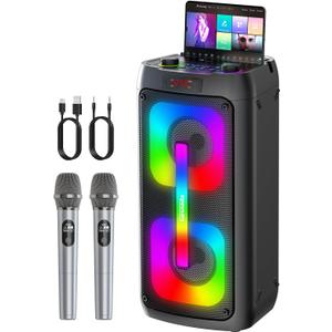 Karaoke Machine with 2 Wireless Microphones, Portable Speaker for Adults, 60W Powerful Sound, Bluetooth 5.3 & TWS Stereo, LED Lights, Supports Type-C/USB/TF/AUX for Home Party and Outdoor.