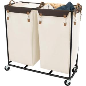 StorageWorks 390L Extra Large Lanudry Hamper with Wheels, Laundry Basket with Wheels 2 Sections, Clothes Sorter Cart with Divider for Hotel, Home, Beige, 1-Pack