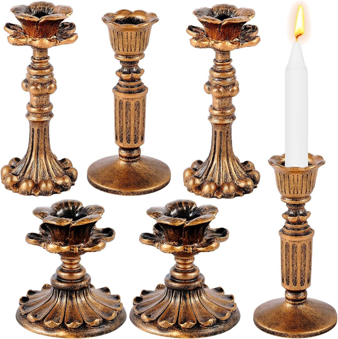 Suclain 6 Pcs Vintage Candlestick Holders Taper Resin Candle Holder Retro Antique Candle Holder Floral Decorative Candlesticks for Wedding Anniversary Table Centerpieces Fireplace Home Decor(Bronze)