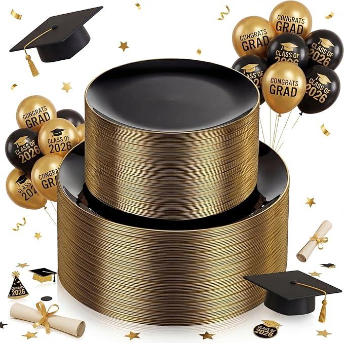 KIRE 100PCS  - Black Plastic Plates Disposable with Gold Rim Include 50Pcs 10.25inch Dinner Plate and 50Pcs 7.5inch Dessert/Salad Plate for Party/Wedding/Birthday/Graduation