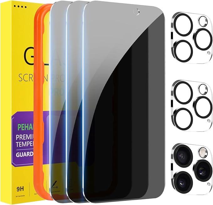 PEHAEL 3+3Pack for iPhone 17 Pro Privacy Screen Protector with Camera Lens Protector Full Coverage Anti-Spy Tempered Glass Film 9H Hardness Easy Installation Bubble Free [6.3 inch]
