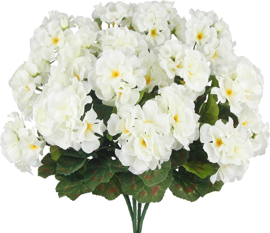 4 Pcs Artificial Geraniums Flowers for Outdoors Silk Geranium Outside UV Resistant White Fake Plants Faux Flowers for Outdoor Planters Pot Garden Patio Porch Window Courtyard Indoor Home Decor