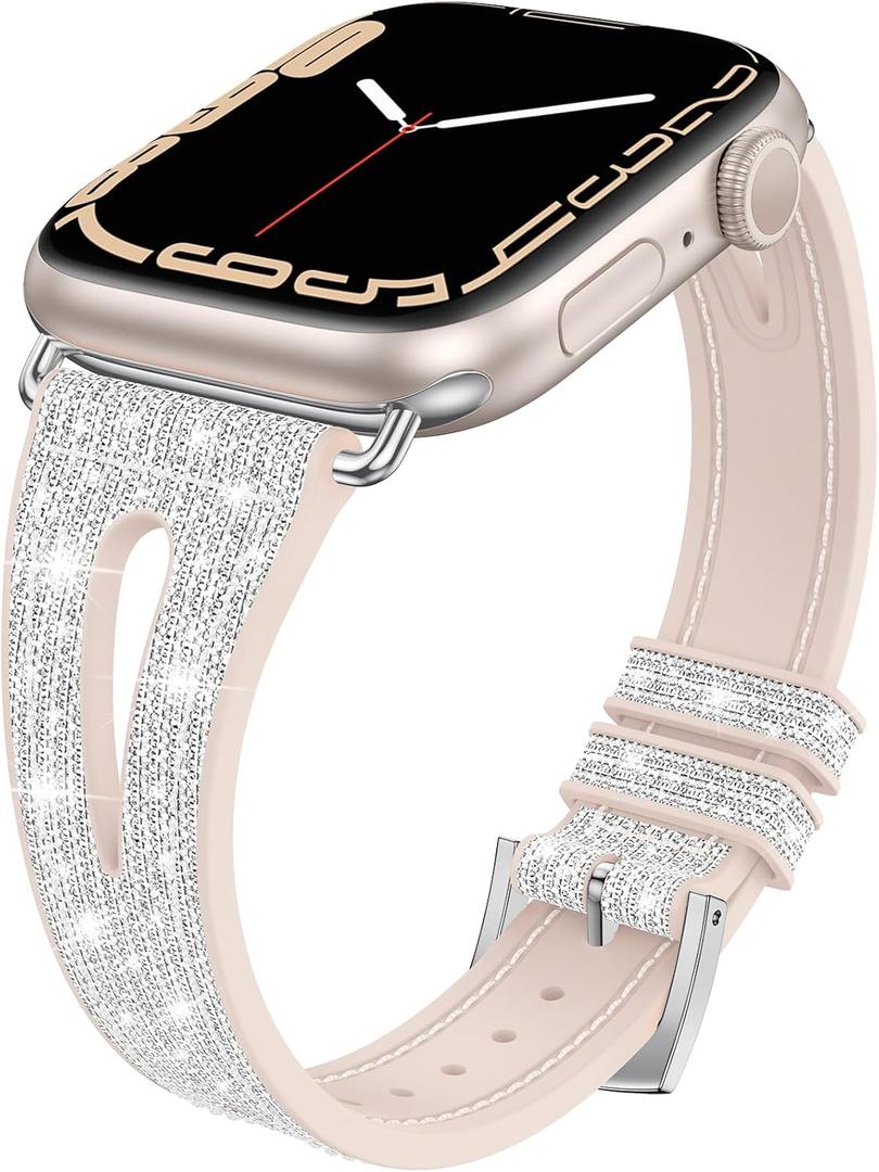 Goton Bling Silicone Band for Apple Watch  44/45/46/49/42mm(Series 3 2 1), Soft & Breathable Glitter Strap for Women, Stylish, Adjustable, Comfortable Fit, Sparkle (Silver)