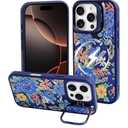 J.west Magnetic for iPhone 16 Case 6.1" Compatible with Magsafe, Translucent Camera Lens Kickstand Drop Protection Cute Floral Flowers Phone Cover Cases Navy Blue Pack of 2