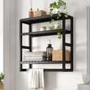 Bathroom Shelve Towel RacksOver Toilet Storage with Towel Bar 3 Tier Floating Wall Mounted Space Saving Bamboo Paper Holder for Bathroom Laundry Room Kitchen Organizer (Black)