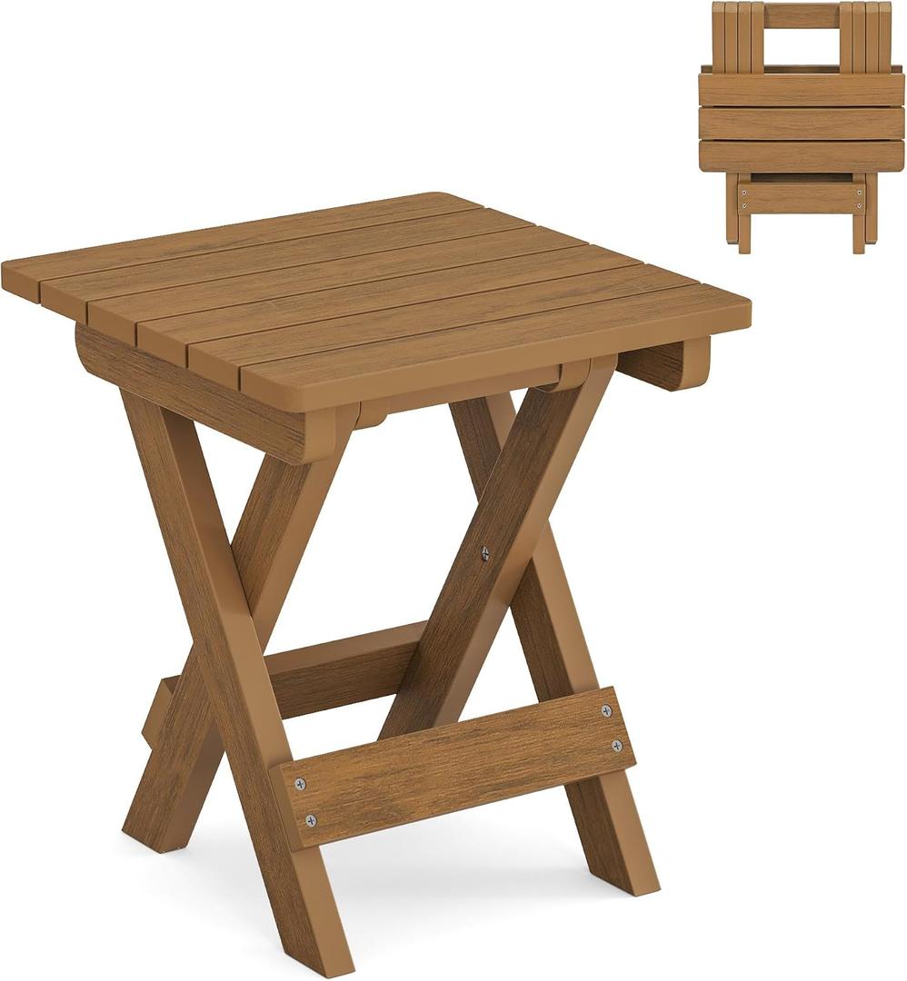 LUE BONA Small Outdoor Folding Side Table, HDPS Outside End Table for Patio, Porch, Deck, Pool, 14 Inch Height, Teak Color Oil Printed