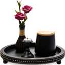 KULEDM Wooden Tray Decor, Small Beaded Coffee Table Tray Decor, Black Round Decorative Tray for Coffee Table, Dining Room Table Entryway and Living Room Table