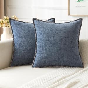 MIULEE Pack of 2 Couch Throw Pillow Covers 20x20 Inch Aqua Blue Farmhouse Decorative Pillow Covers with Stitched Edge Soft Polyester Solid Dyed Pillow Covers for Sofa Bed Living Room. (Dark Grey Blue)