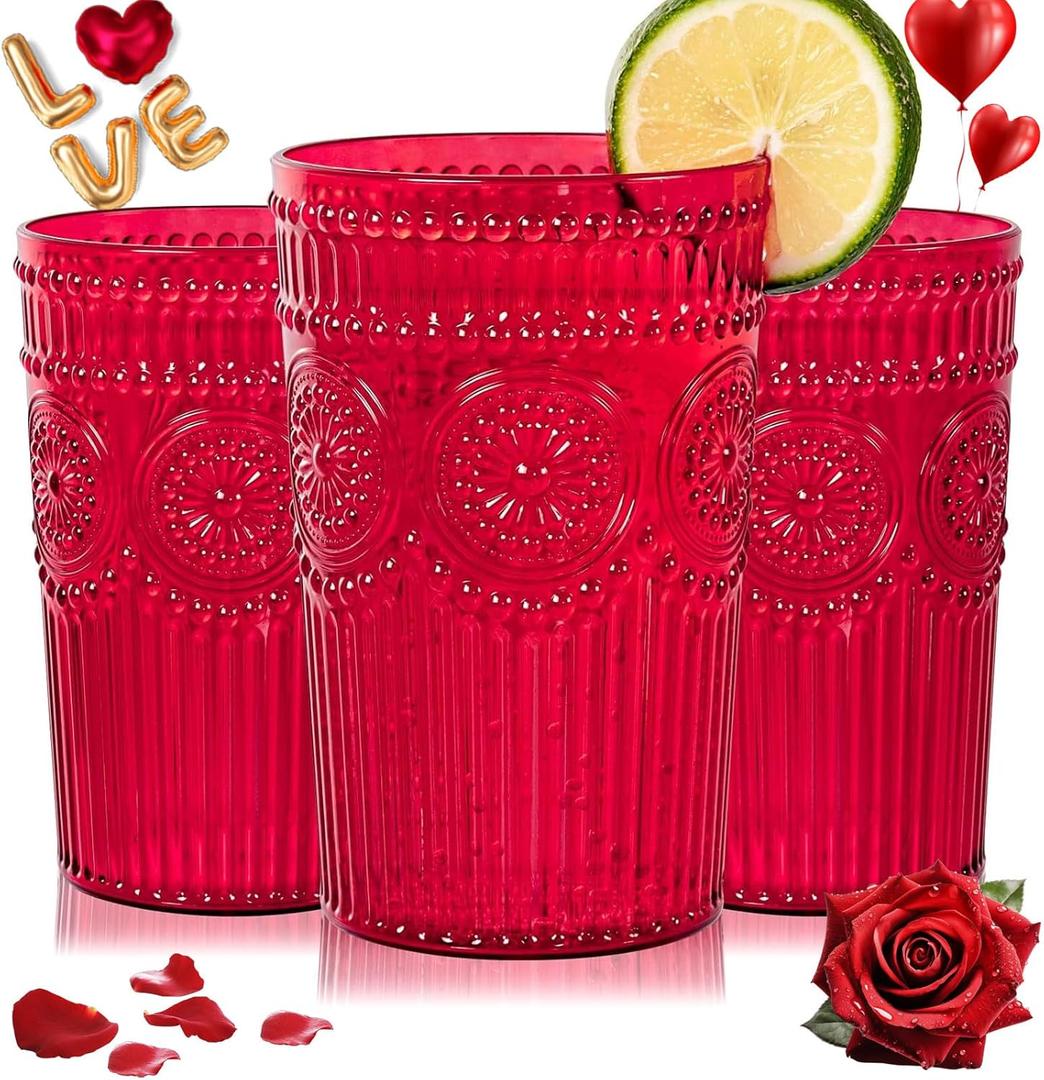 Ciaell 12 Pack Romantic Plastic Water Glasses - 14 Oz Red Vintage Drinking Glasses, Embossed Ribbed Plastic Cups, Textured Striped Set for Juice, Beverages, Beer, Cocktail & Valentine's Day