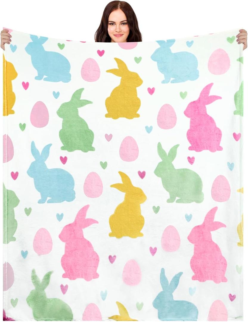 Mindsoft Easter Blanket Spring Bunny Rabbit Eggs Soft Flannel Colorful Decorative Throw Blanket Decor Holiday Square Birthday Gift for Home Couch Sofa Bed Room Decoration, 50x60 Inch