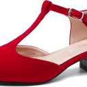 MAIERNISI JESSI Women's T-Strap Low Chunky Heel Mary Jane Pumps Cut Out Wedding Dress Shoes (9.5) Red Velvet