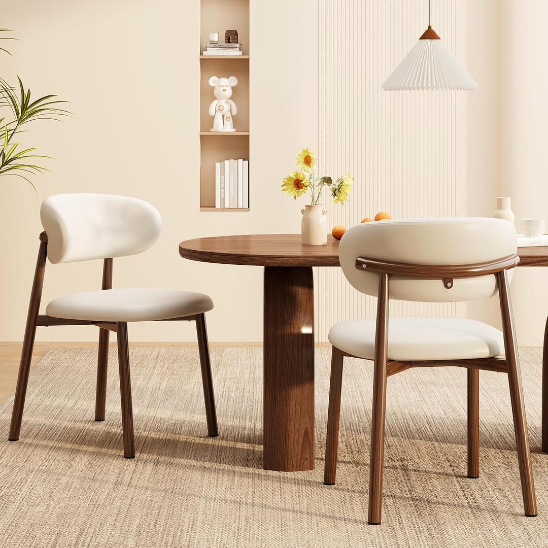 Kitchen Dining Chairs Set of 2 Modern Upholstered Leather Farmhouse Dining Room Chair with Metal Legs, Walnut Leg/Beige, 17.7 X 15 X 31.1 Inches