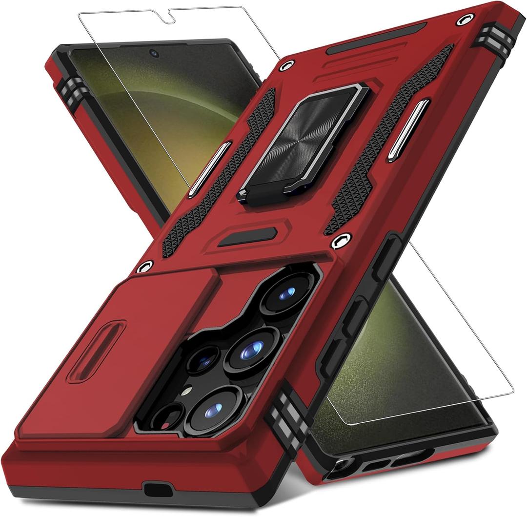 DEERLAMN Case for Samsung Galaxy S24 Ultra with Slide Camera Cover+Screen Protector (1 Pack), Rotated Ring Kickstand Military Grade Shockproof Protective Cover-Red (S24 Ultra-6.8 Inch)