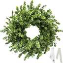 26 Inch Large Boxwood Wreaths for Front Door, Spring & Summer Artificial Wreath with Patriotic & Burlap Sash, Faux Greenery Year-Round Farmhouse Wedding Porch Window, Indoor Outdoor Decor