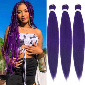 Purple Braiding Hair Pre Stretched Extensions Crochet Braiding 26 Inch 3 Packs Hot Water Setting Professional Yaki Synthetic Hair For Twist Braids (26Inch,#Purple)