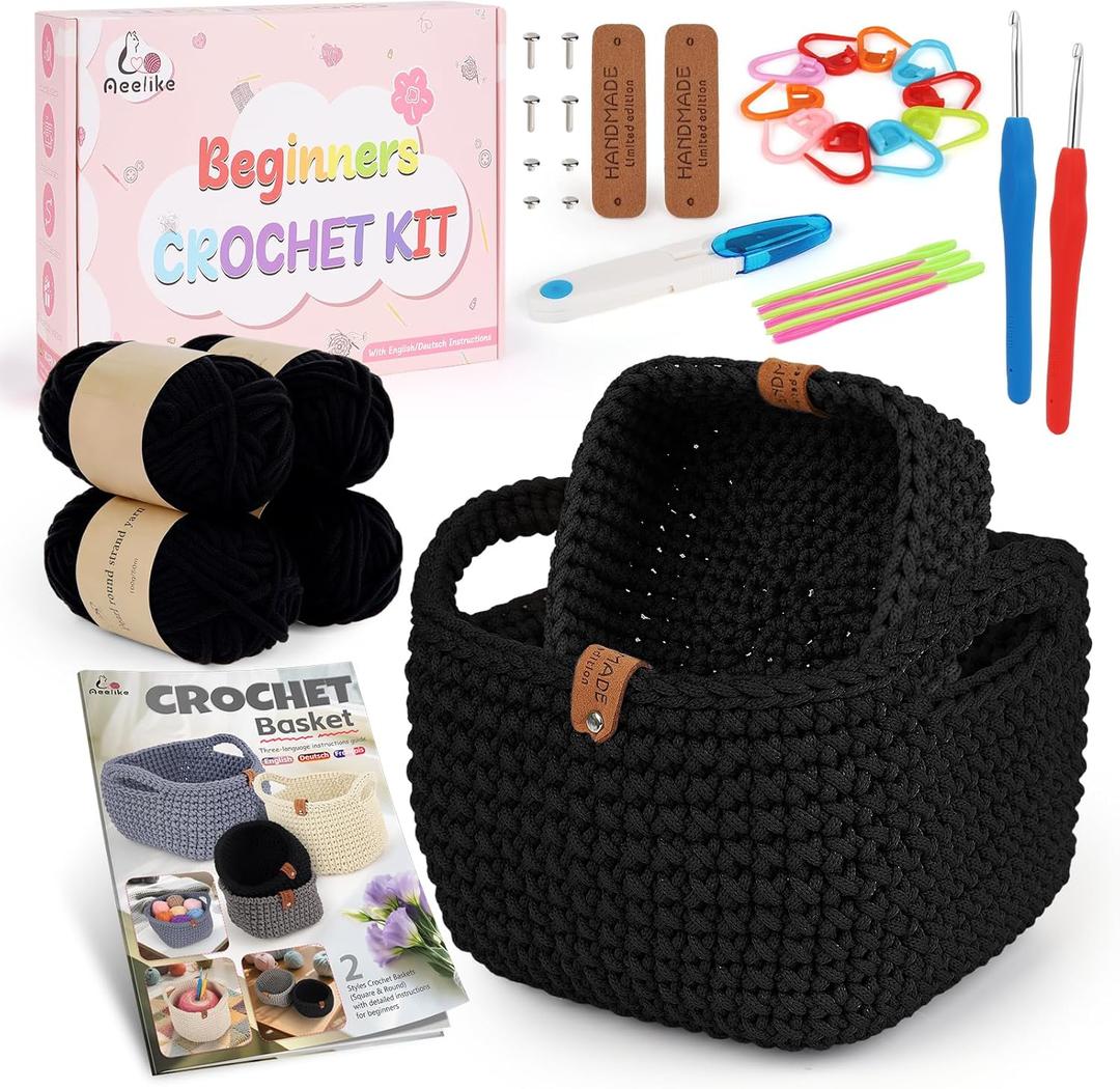 Aeelike 27PCS Beginner Crochet Basket Kit (L&S): Complete Storage Version, Knitting Starter Set with Instruction. for Adults, Ideal Crocheting Gift for Home Decor