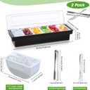 2 Ice Cooled Garnish Tray Deck Bar Garnish Caddy Condiment Containers with Lids and Removable Chilled Condiment Server with 6 Tongs and 6 Fruit Forks (6 Compartments)