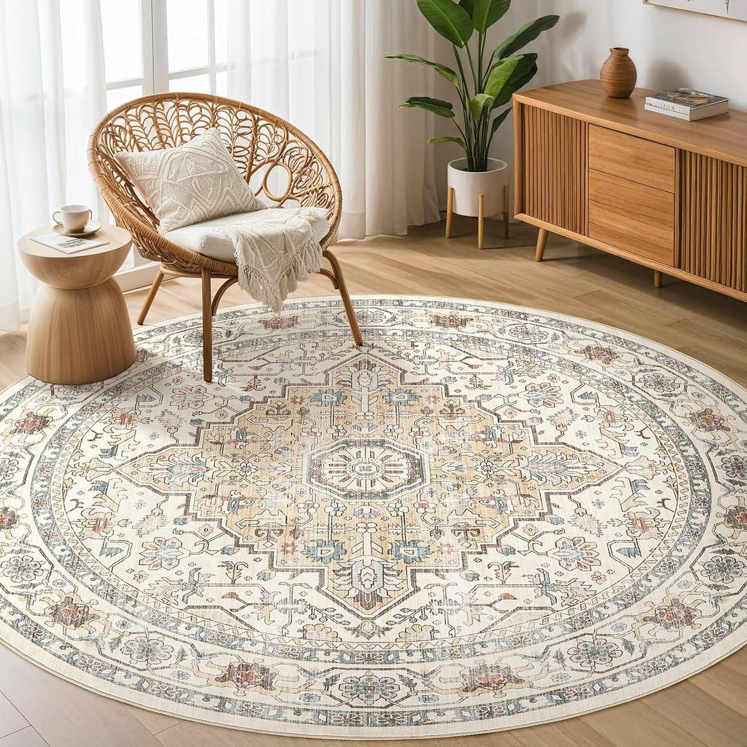 Round Rug Living Room Rugs: 6Ft Washable Boho Neutral Large Circle Soft Indoor Floral Stain Resistant Floor Farmhouse Carpet for Bedroom Nursery Kids Playroom Office Dining Room Dorm Home- Cream Blue