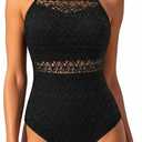 Holipick Crochet Tummy Control One Piece Swimsuit Modest Bathing Suit High Neck Full Coverage Swimwear (Black, L)