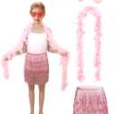 Girls Sequin Skirt Kids Fringe Tassel Skirt Feather Boa Sunglasses Belly Dance Rave Disco Tutu for 3-12Y (Pink Sets)