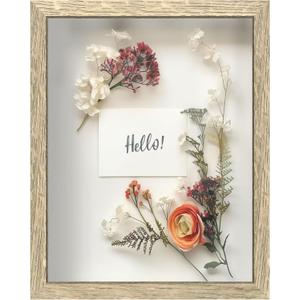 FrameWorks 11x14 Driftwood Wooden Shadow Box Frame  Soft Felt Back, Tempered Glass, and Included Elegant White Ball Push Pins (Natural)