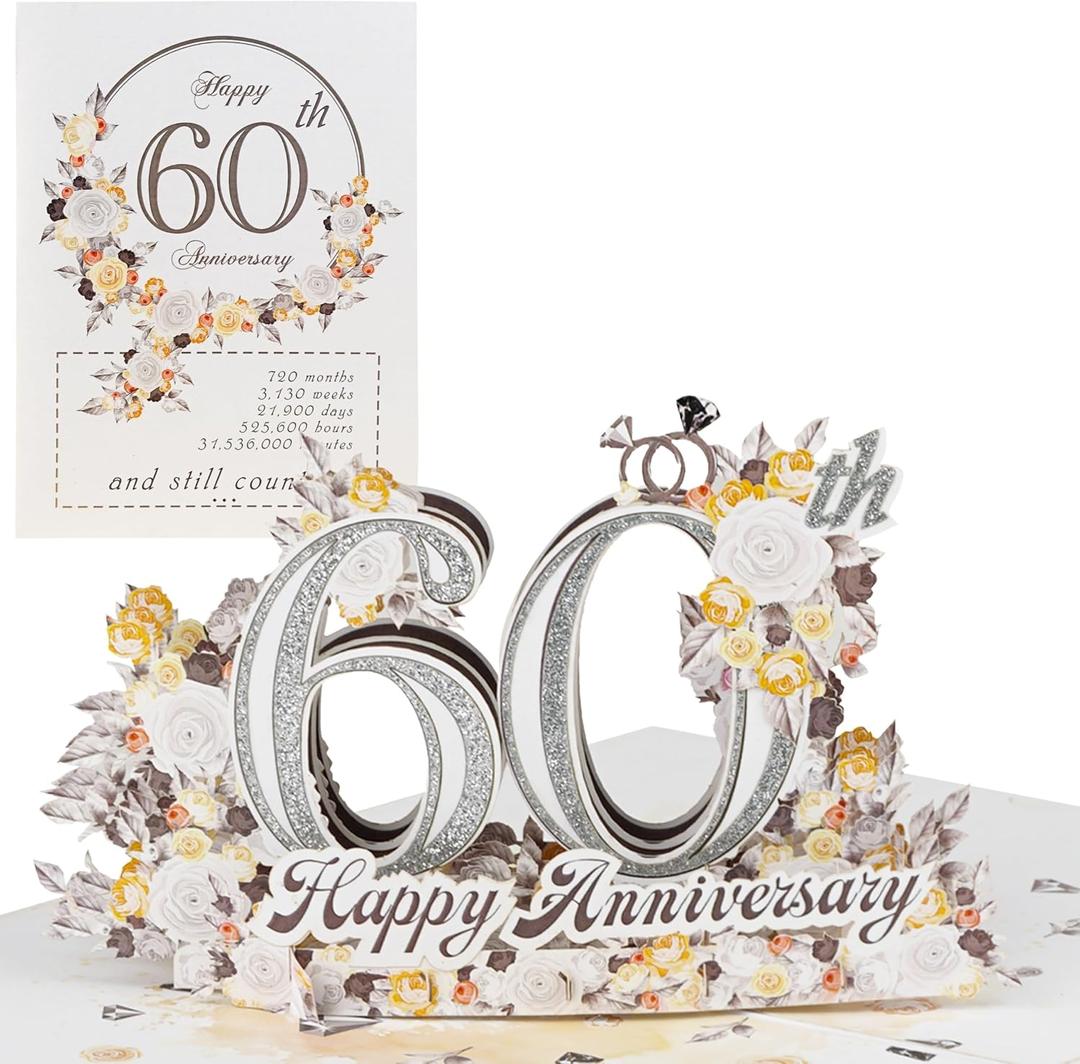 Happy Anniversary Card, Milestone 3D Pop Up Greeting Card for Marriage, Soulmates, Celebration, Being Together, Congratulations for Couples, Husband, Wife (60th Anniversary)