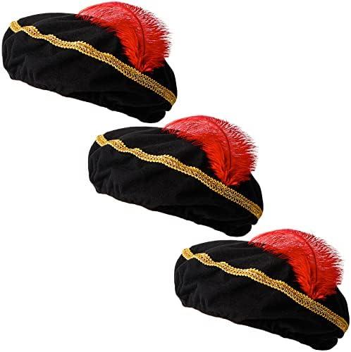 3 Pcs Renaissance Hat Black Medieval Hat Red Feather Minstrel Costume Cap Renaissance Costume Accessory Party Cosplay Supply for Men Women Adult