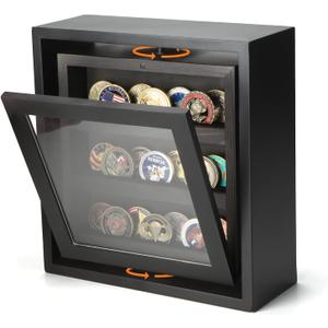 Challenge Coin Display Holder, Military Coin Holder Display Case with Magnetic Display Door, Double-Sided Rotating Coin Stand Rack with Anti-Slip Velvet Grooves for Honoring Veterans & Collectors