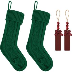2Pack Personalized Christmas Stockings - 18 Inch Large Cable Knitted Xmas Hanging Stockings with DIY Wooden Name Tags for Family Holiday Decor (Green)