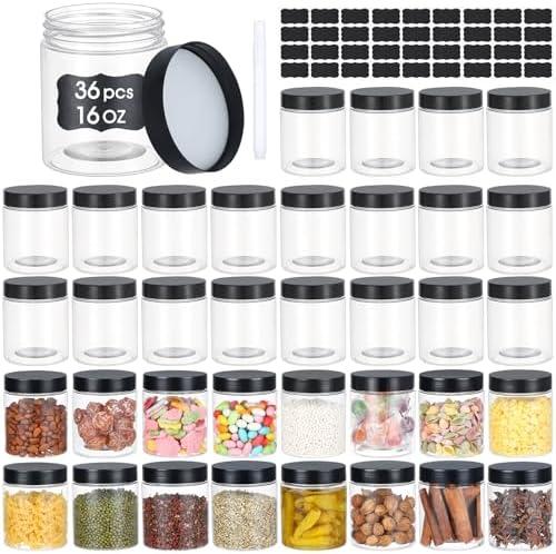 36PCS16OZ Plastic Jars with Screw On Lids, Pen and Labels Refillable Empty Round Slime Cosmetics Containers for Storing Dry Food, Makeup, Slime, Honey Jam, Cream, Butter, Lotion (matte black)