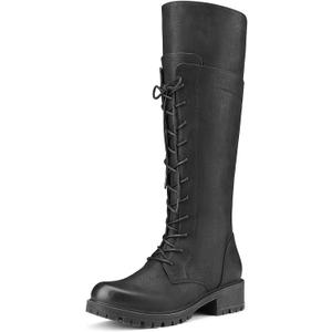 Women's Knee High Combat Boots Riding Biker Boots Lace Up Tall Boots for Women with Zipper (6, Black)