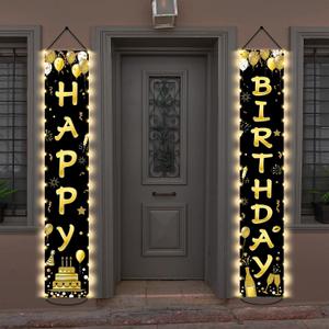 Black Gold Happy Birthday Door Banner Lighted Decorations for Men Women Happy Birthday Banner Porch Sign with LED light Party Supplies 16th 18th 30th 40th 50th 60th Party Decoration