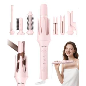 7 in 1 Automatic Curling Iron Interchangeable Barrels -0.5",1", 1.25", 1.5" Curling Wand, Hair Crimper & Straightening Brush,& Rotating Curler, 300M Negative Ions & Dual Voltage, Home & Travel