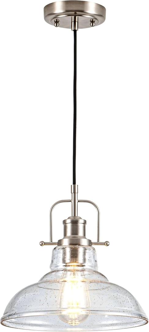 Zlepmlla Modern Glass Pendant LightFarmhouse Industrial Light Fixture with Adjustable Cord, Seeded Glass Shade, Hanging Lights for Kitchen Island,Hallway, Dinning Room (Silver)