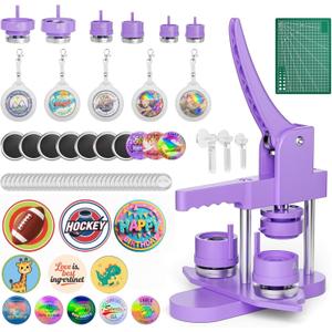 Mryitcal Button Maker Machine 1''+1.25''+2.25'' Pin Maker Button Press Machine w/ 300 Metal Pinback, 10 Fridge Magnet, 5 Badge Charm, 1 Cutting Mat, Badge Making Kit for Custom Badge, Party Favors (Purple)