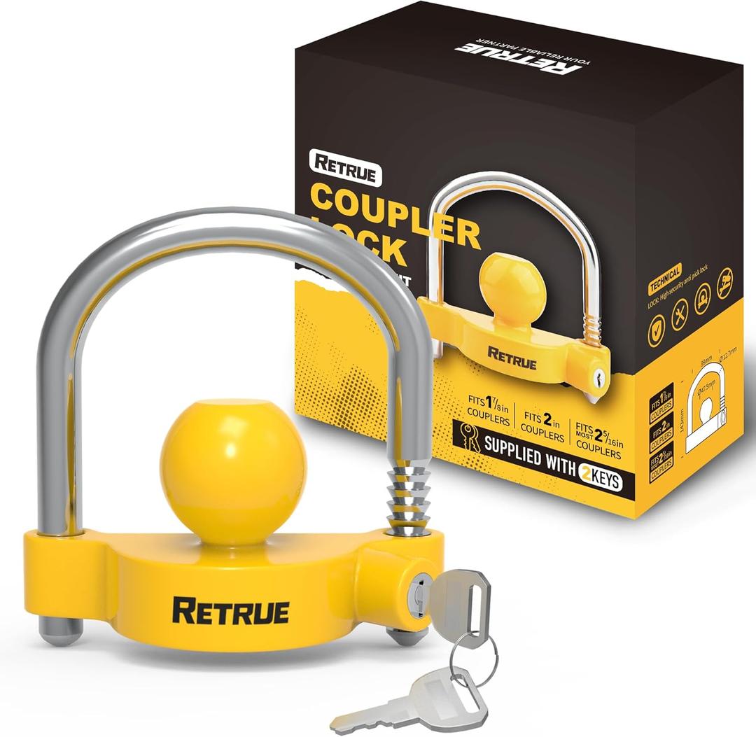 RETRUE Universal Coupler Lock Trailer Locks Ball Hitch Trailer Hitch Lock Adjustable Security Heavy-Duty Steel Fits 1-7/8 Inch, 2 Inch, 2-5/16 Inch Couplers, Bright Yellow, Light Weight