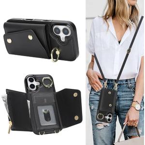 Crossbody Case for Apple 17 with Card Holder, Wallet Case Removable Lanyard Wrist Strap Shockproof with Kickstand Women Cover for iPhone 17.Crossbody Black