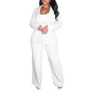 Elainone Pant Suits for Women Professional 2 Piece Outfits Solid Color Button Down Business Casual Blazer Sets White XL
