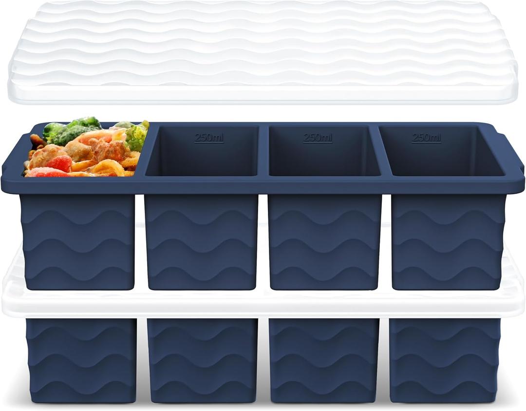 Doasuwish Silicone Freezer Tray for Soup with Lid  1-Cup Soup Container Cube Style Ice Cube Trays for Freezer, Meal Prep & Food Storage, Freeze 250mL/125mL Portions  2 Pack (Dark Blue)