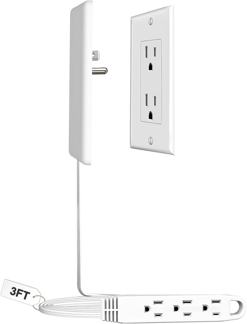 3FT Ultra Flat Plug Extension Cord Power Strip with 3 Outlets, Patented Detachable Ultra-Thin Outlet Cover Concealer & Ultra-Flat Plug, Max. 13A 125V 1625W ETL Listed, White Color (3 FT, White-DOWN)