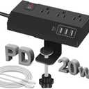3 Outlet Desk Clamp Power Strip with 4 USB Ports - Desktop Edge Mount Surge Protector - Clamp on Power Strip USB C 20W - Desk, Men, Hotel, Home, Office, Gaming, Phone, Computer, Electronic Accessories